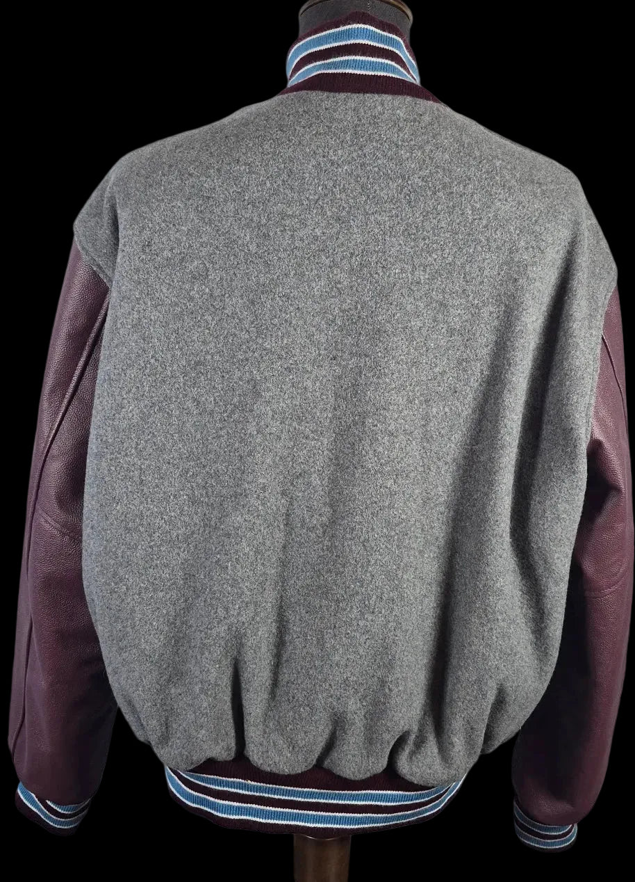 Stewart & Strauss Varsity Jacket XL Gray Wool Genuine Leather Sleeves