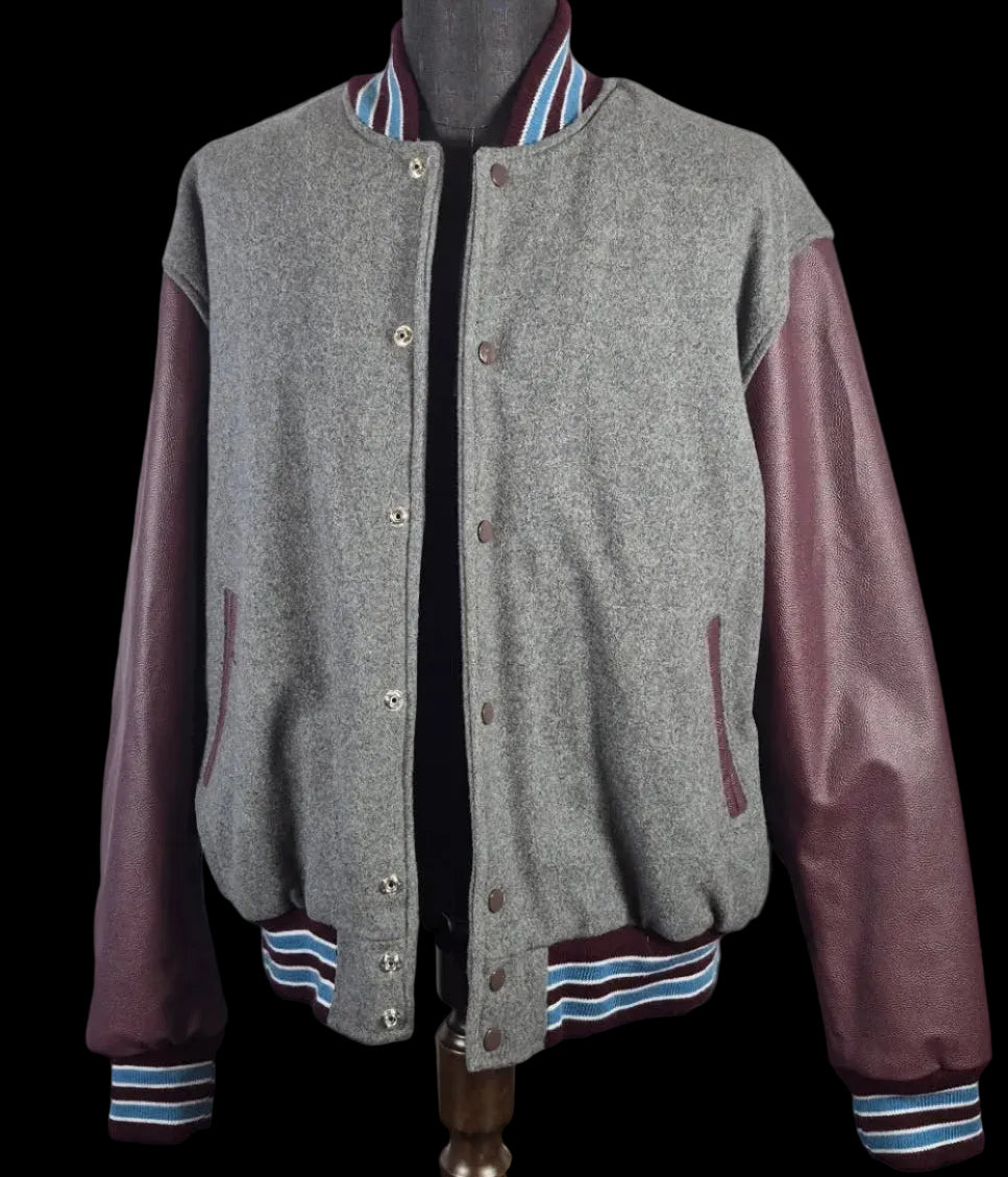 Stewart & Strauss Varsity Jacket XL Gray Wool Genuine Leather Sleeves