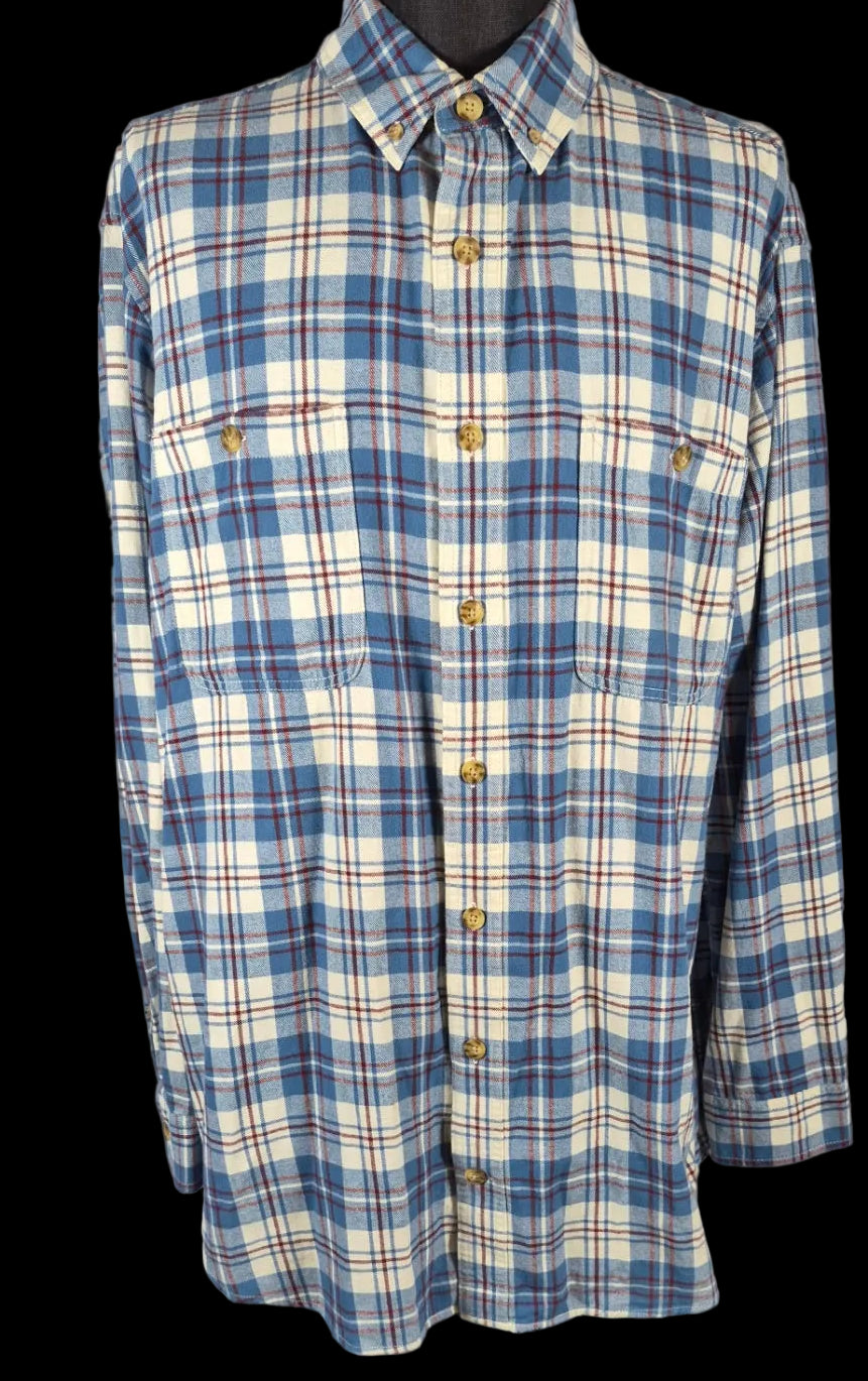 Duluth Trading Co. Flannel Shirt XL Tall Blue Cream Red Plaid 100% Cotton
