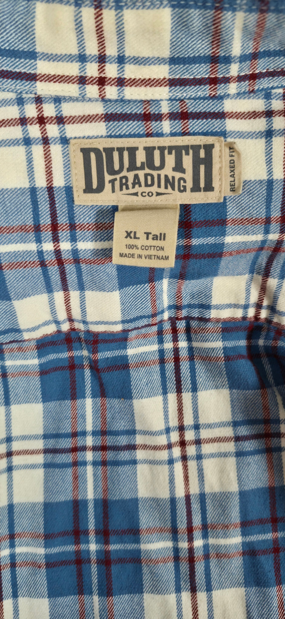 Duluth Trading Co. Flannel Shirt XL Tall Blue Cream Red Plaid 100% Cotton
