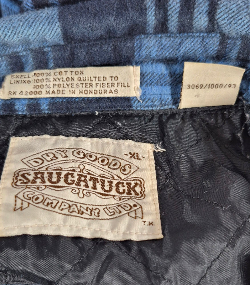 Vintage Saugatuck Dry Goods Quilted Flannel Shirt Jacket XL Blue Black Plaid 90s
