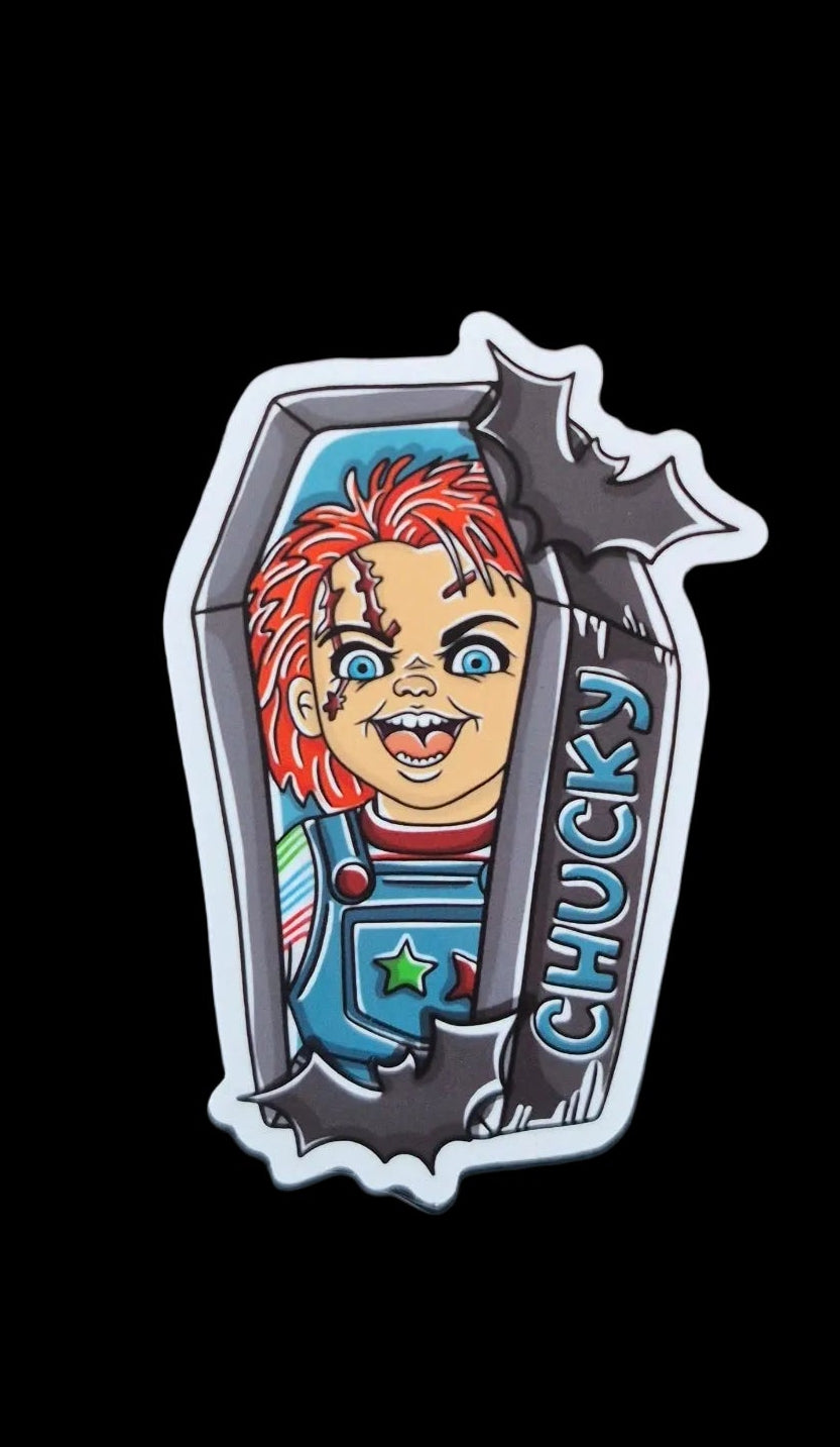 Chucky Inspired 3" Horror Sticker – Killer Doll Coffin Design
