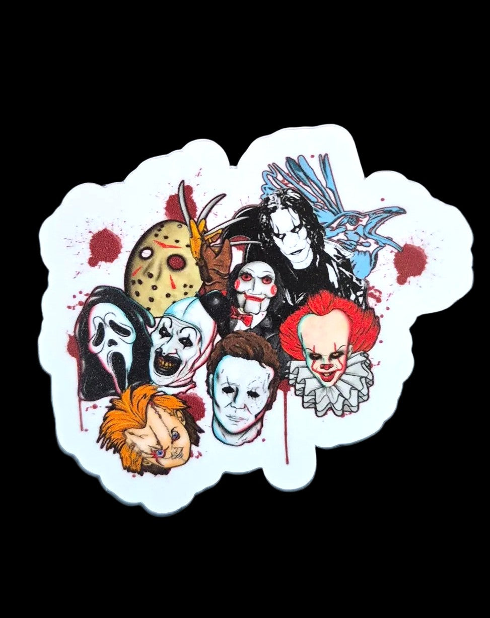 Horror Movie Villain Collage 3" Sticker – Spooky Slasher Monster Tribute Design