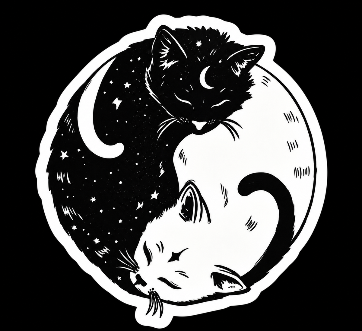 Celestial Yin Yang Cats 3x3 Vinyl Sticker – Black & White Moon Cat Sticker