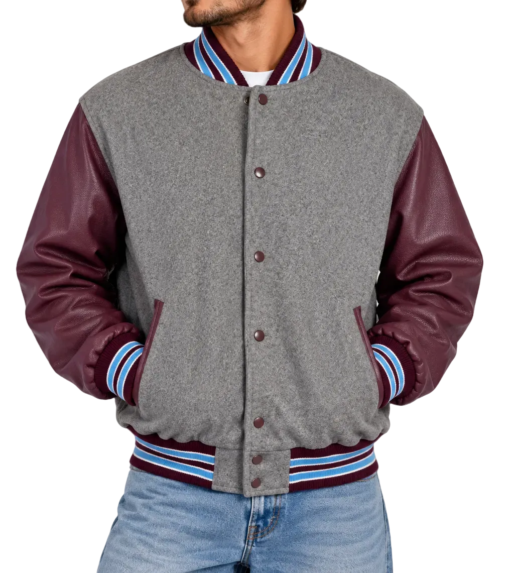 Stewart & Strauss Varsity Jacket XL Gray Wool Genuine Leather Sleeves