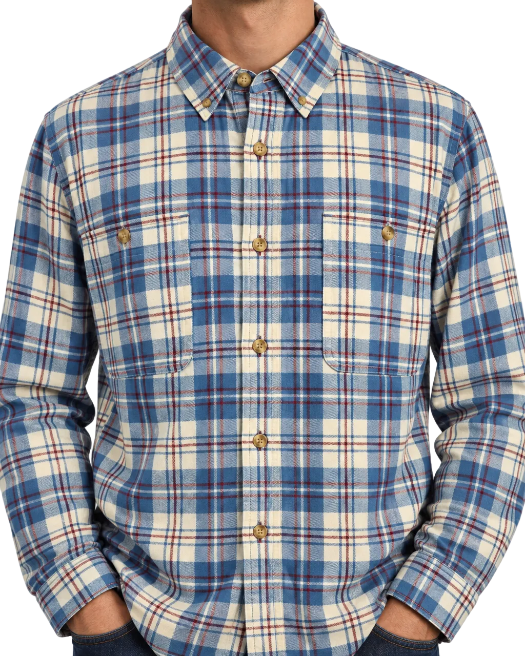 Duluth Trading Co. Flannel Shirt XL Tall Blue Cream Red Plaid 100% Cotton