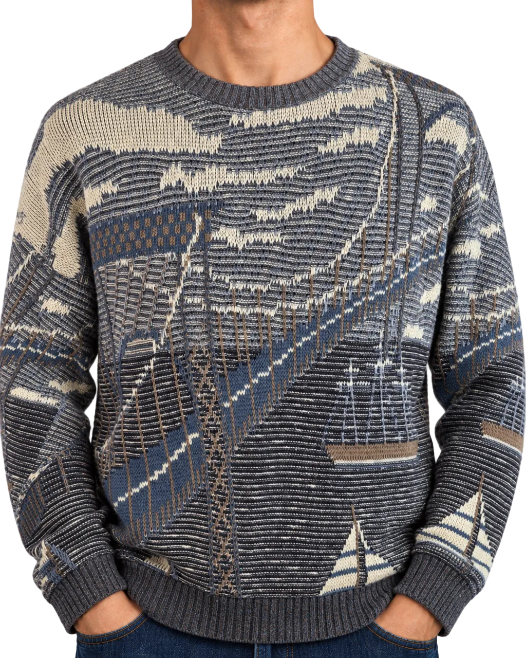 Vintage Crossings Geometric Knit Sweater — Blue & Cream | Large USA