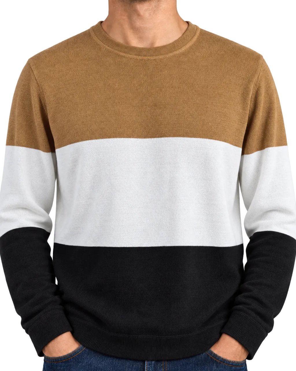 BOSS by Hugo Boss Colorblock Sweater — Camel, Cream & Black | Large
