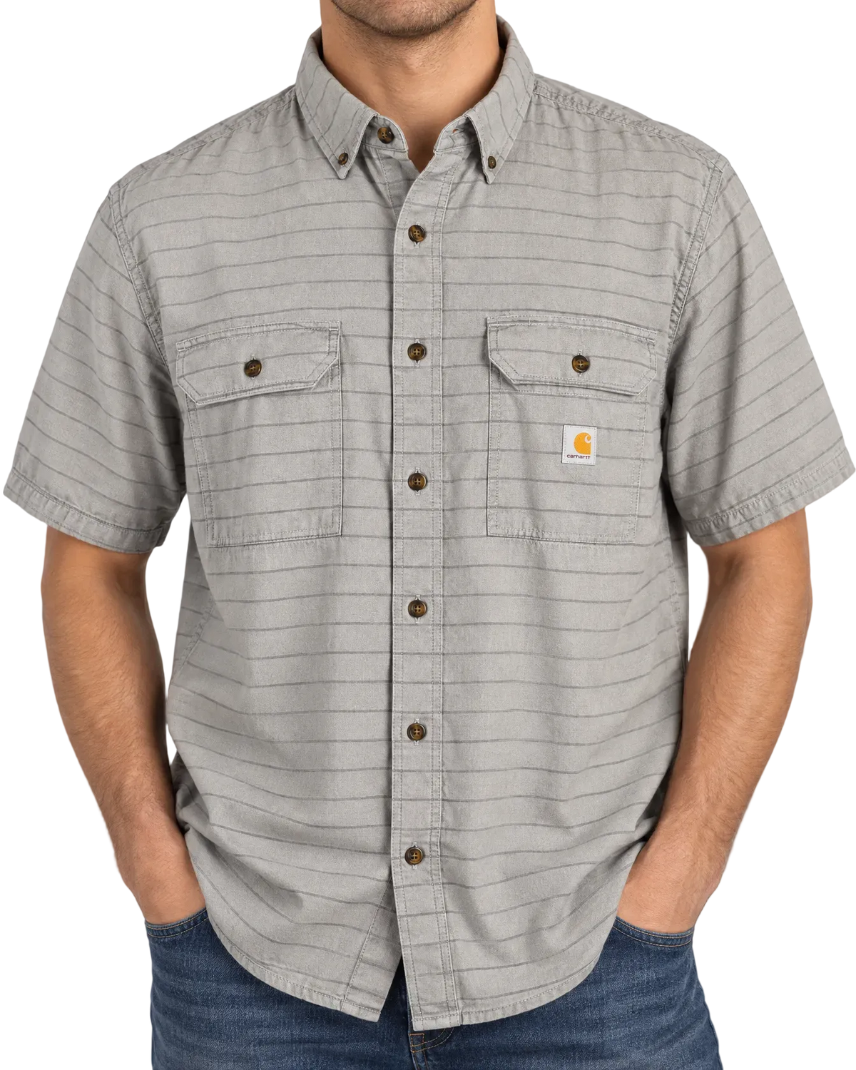 Carhartt Men’s XL Loose Fit Gray Striped Short Sleeve Button Down Work Shirt