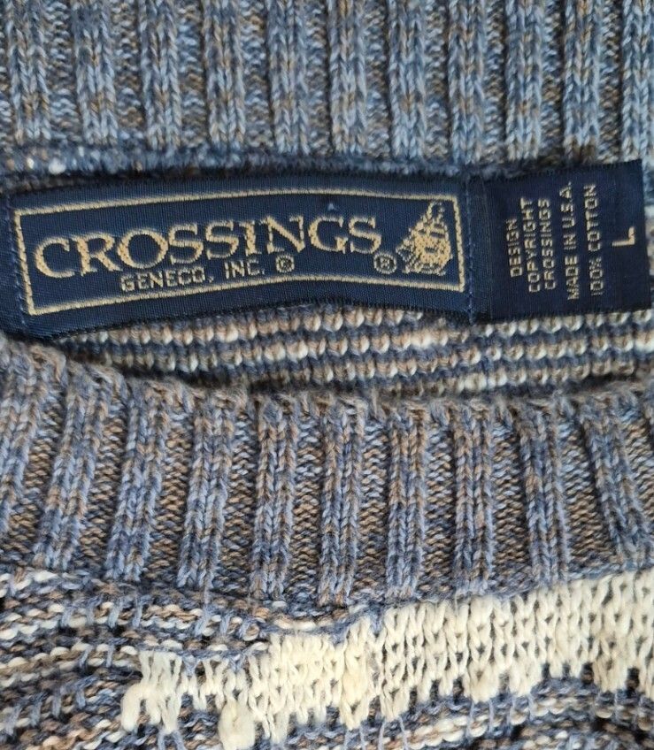 Vintage Crossings Geometric Knit Sweater — Blue & Cream | Large USA