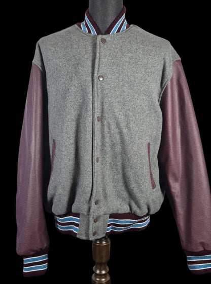 Stewart & Strauss Varsity Jacket XL Gray Wool Genuine Leather Sleeves