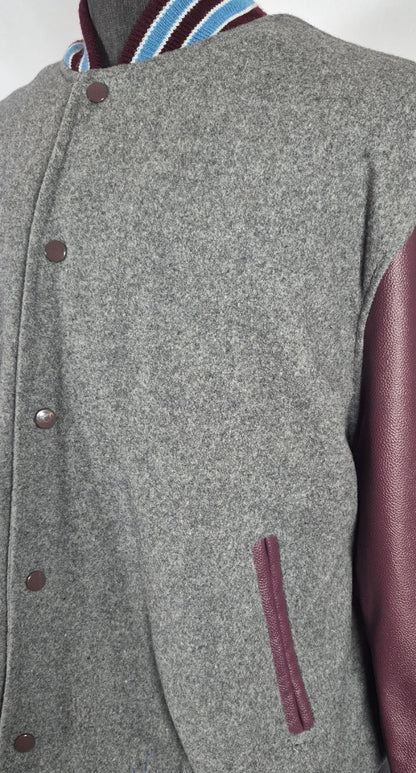 Stewart & Strauss Varsity Jacket XL Gray Wool Genuine Leather Sleeves