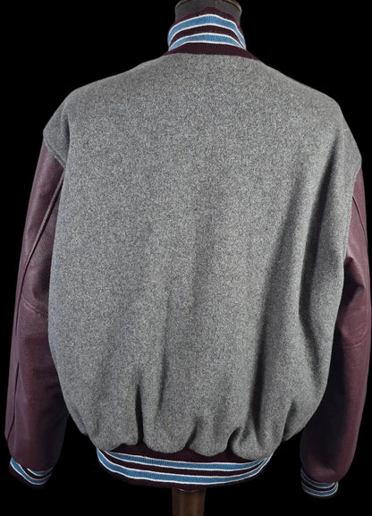 Stewart & Strauss Varsity Jacket XL Gray Wool Genuine Leather Sleeves