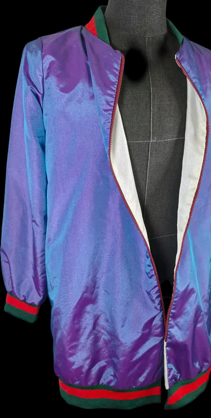 Vintage Style Iridescent Purple Blue Bomber Jacket Longline Y2K Streetwear