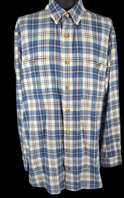 Duluth Trading Co. Flannel Shirt XL Tall Blue Cream Red Plaid 100% Cotton
