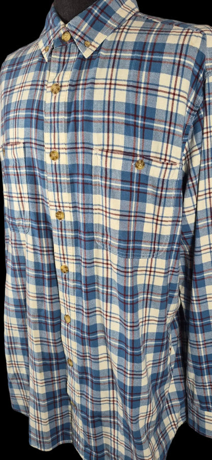 Duluth Trading Co. Flannel Shirt XL Tall Blue Cream Red Plaid 100% Cotton