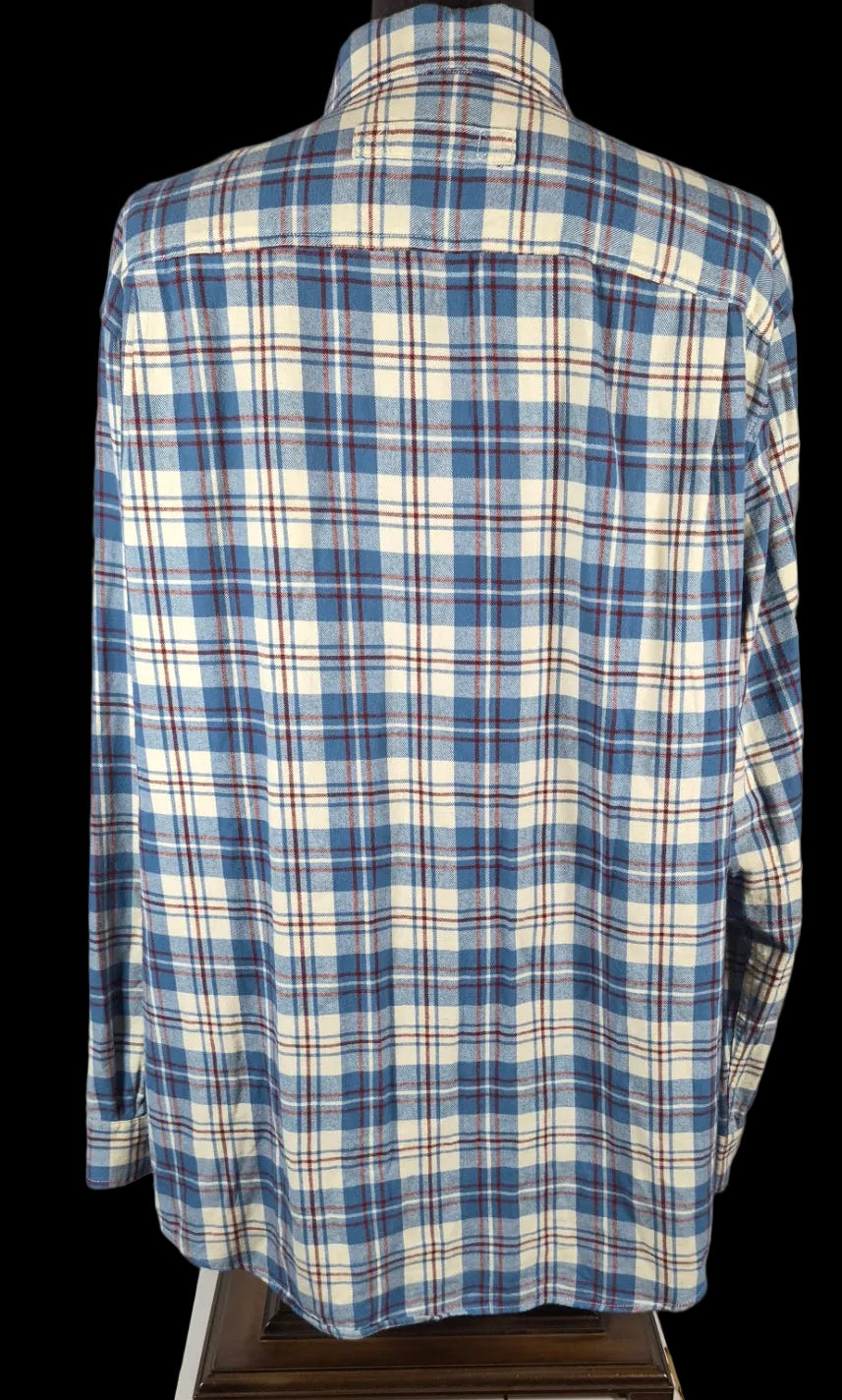 Duluth Trading Co. Flannel Shirt XL Tall Blue Cream Red Plaid 100% Cotton