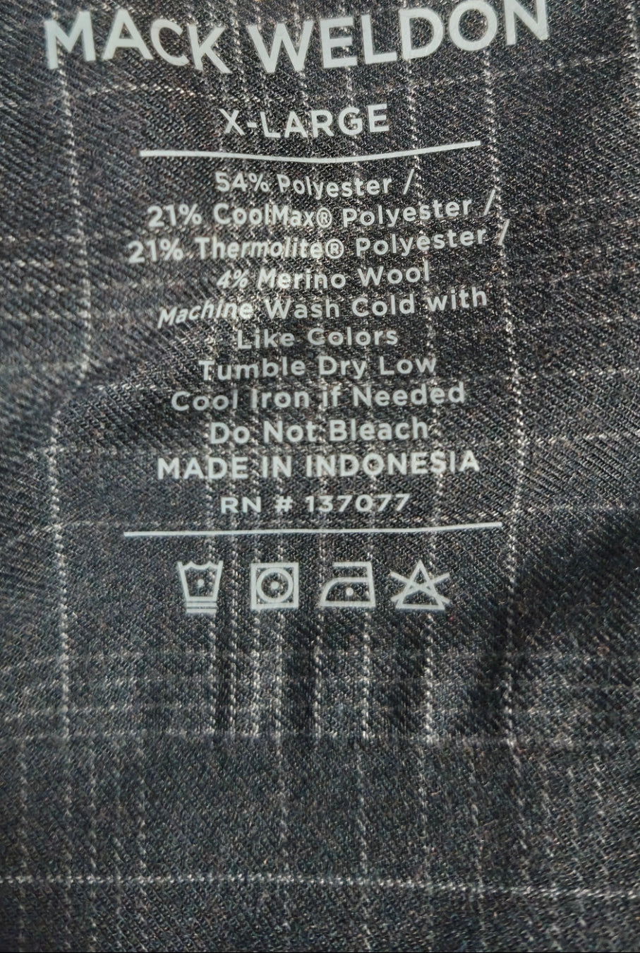 Mack Weldon Men’s XL Gray Plaid Performance Shirt Coolmax Thermolite Merino Wool
