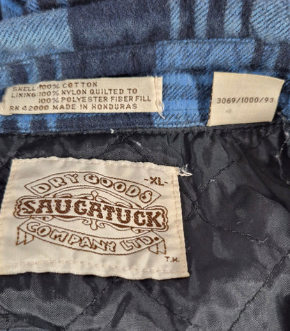 Vintage Saugatuck Dry Goods Quilted Flannel Shirt Jacket XL Blue Black Plaid 90s