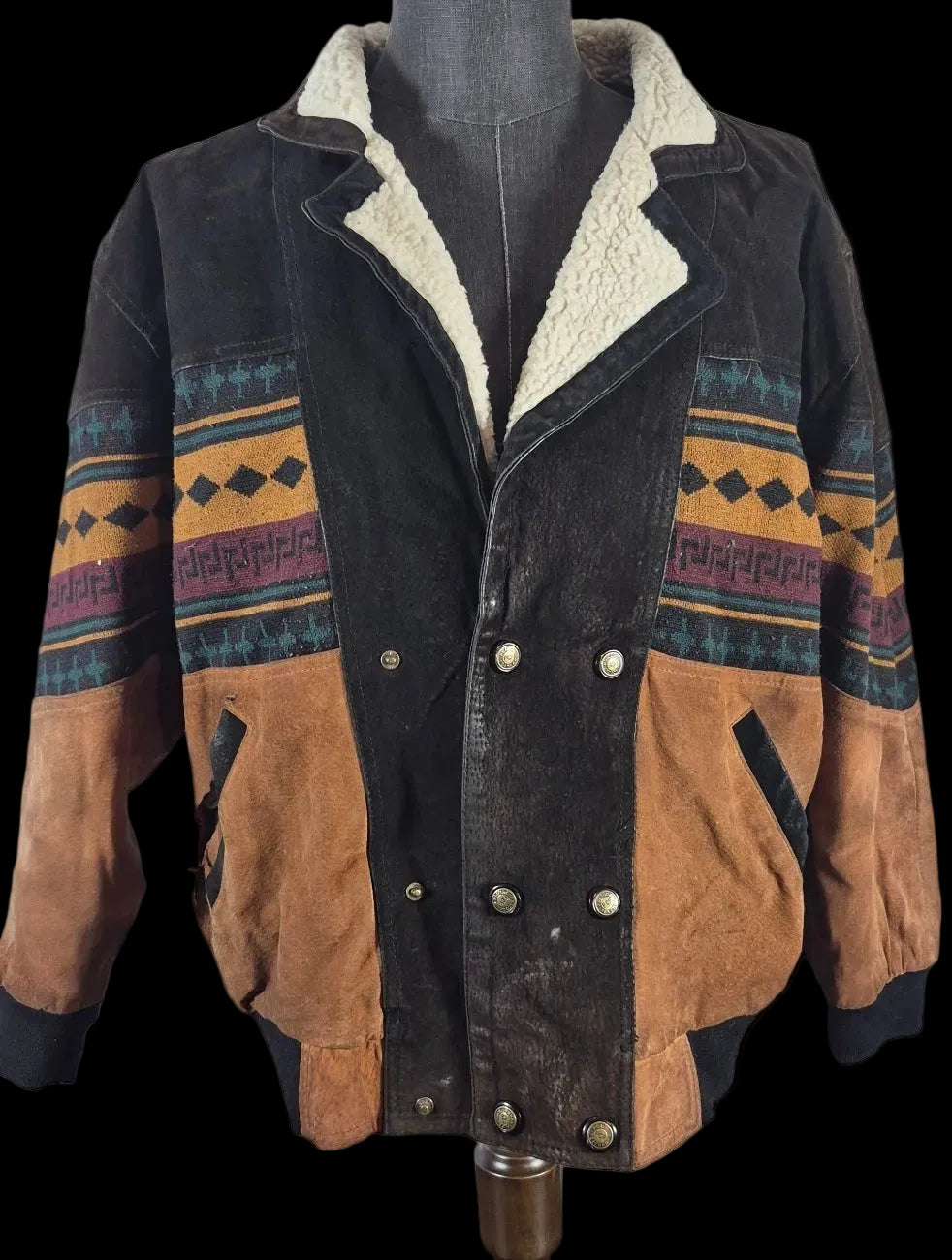 Tuskani Genuine Leather Sherpa Lined Southwestern Bomber Jacket Vintage
