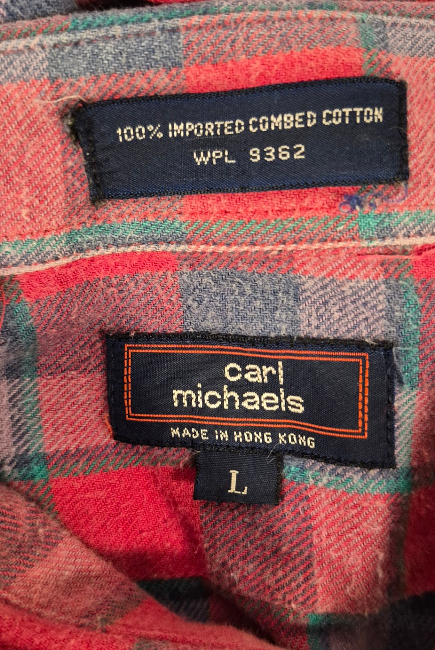 Carl Michaels Men’s Large Plaid Flannel Shirt Hong Kong 100% Cotton