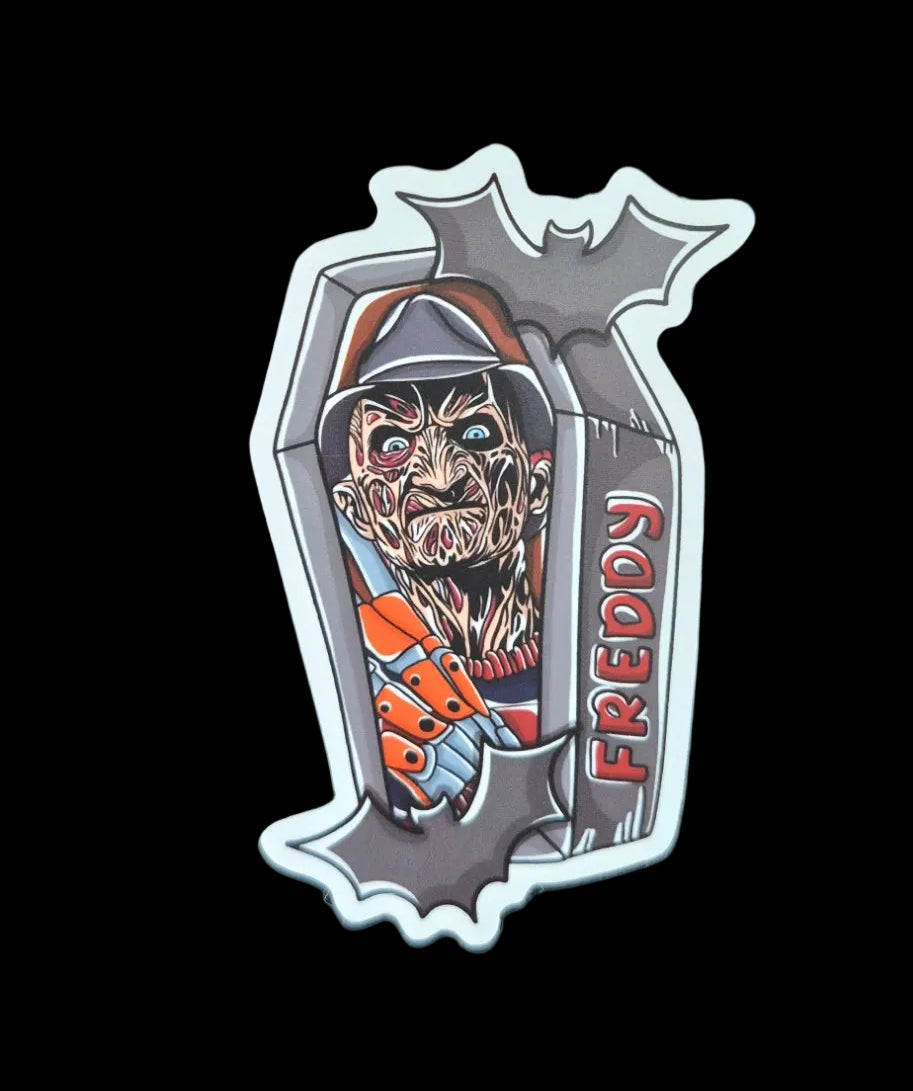 Freddy Krueger Inspired 3" Horror Sticker – Nightmare Slasher Coffin Design