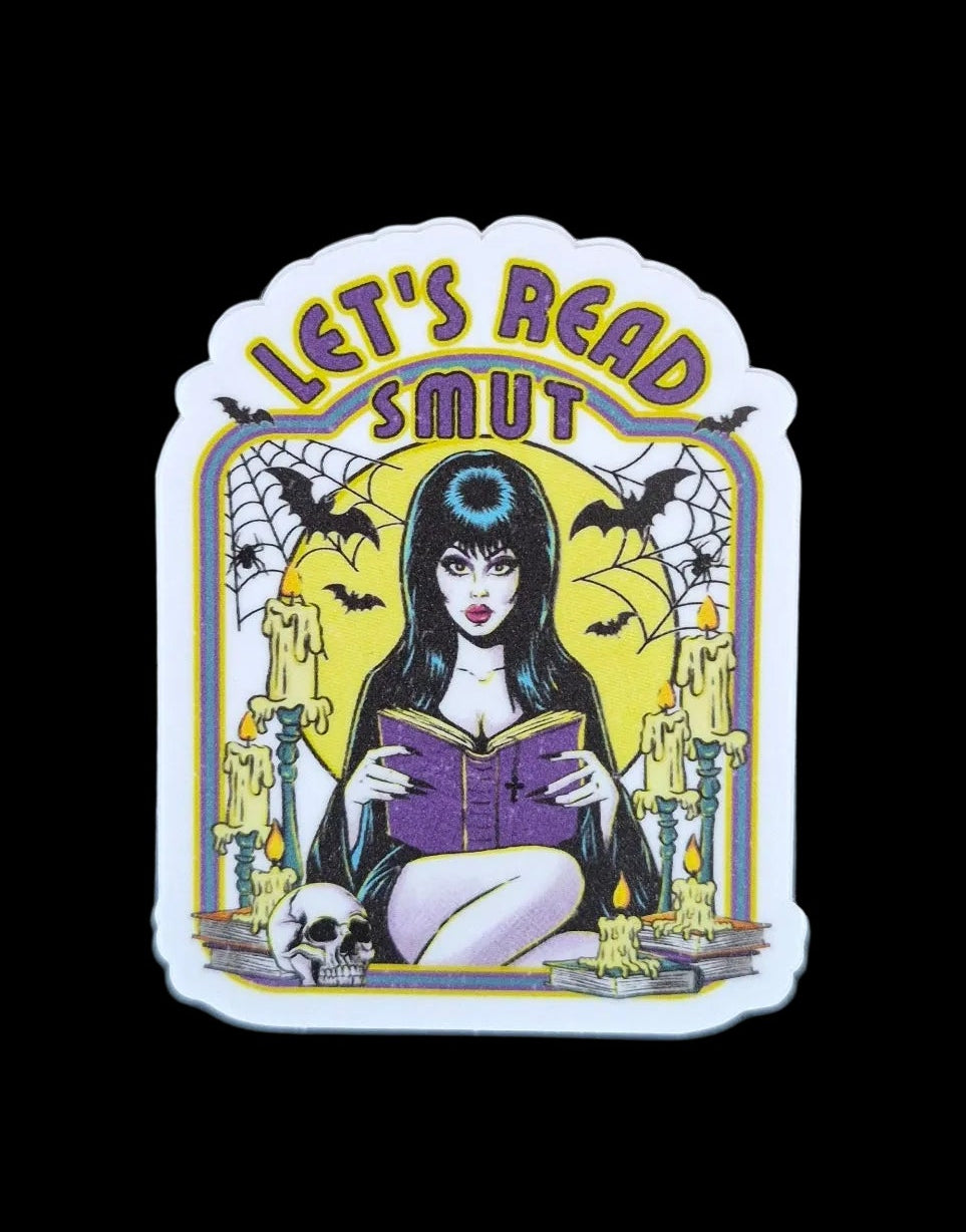Elvira Inspired “Let’s Read Smut” 3" Horror Sticker – Funny Gothic Bookish Design