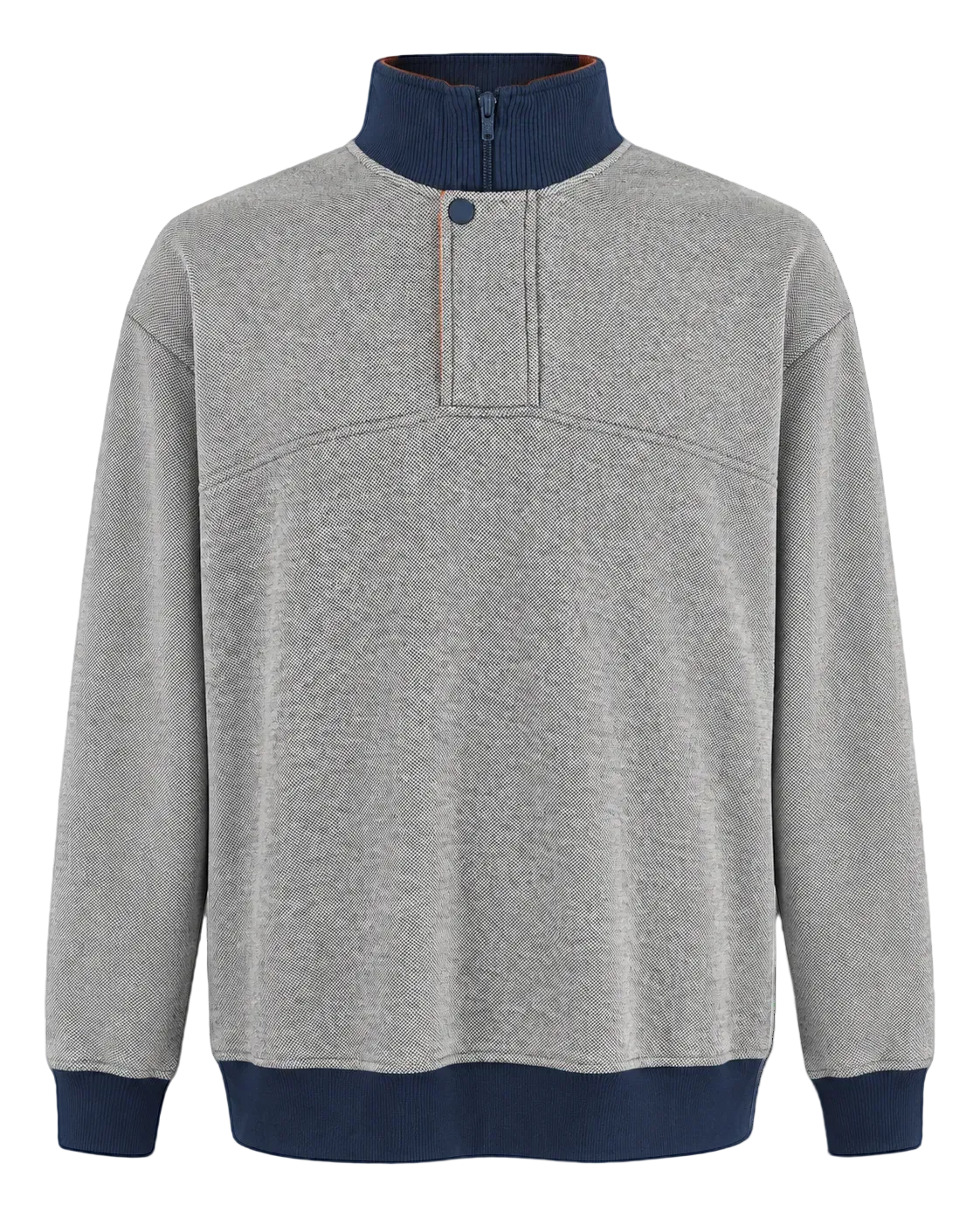 Orvis Men’s Large Textured Mock Neck Pullover Gray Navy Orange Trim