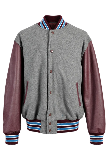 Stewart & Strauss Varsity Jacket XL Gray Wool Genuine Leather Sleeves