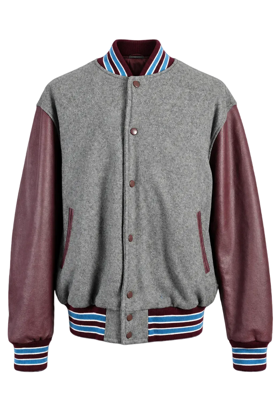 Stewart & Strauss Varsity Jacket XL Gray Wool Genuine Leather Sleeves