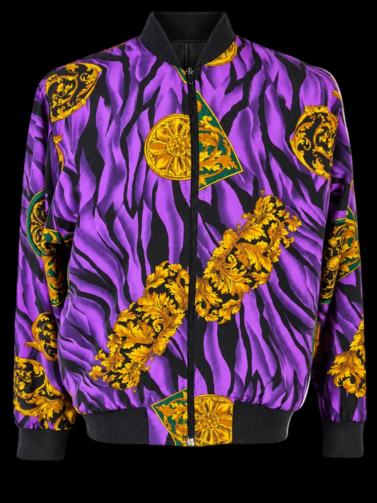 Teddi Purple Baroque Zebra Print Bomber Jacket Vintage Style