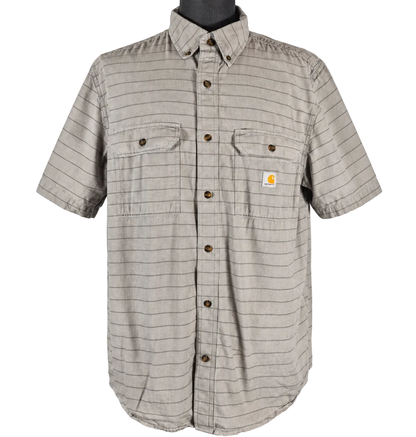 Carhartt Men’s XL Loose Fit Gray Striped Short Sleeve Button Down Work Shirt