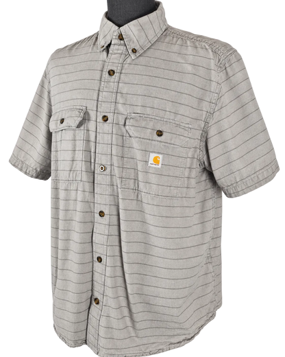 Carhartt Men’s XL Loose Fit Gray Striped Short Sleeve Button Down Work Shirt