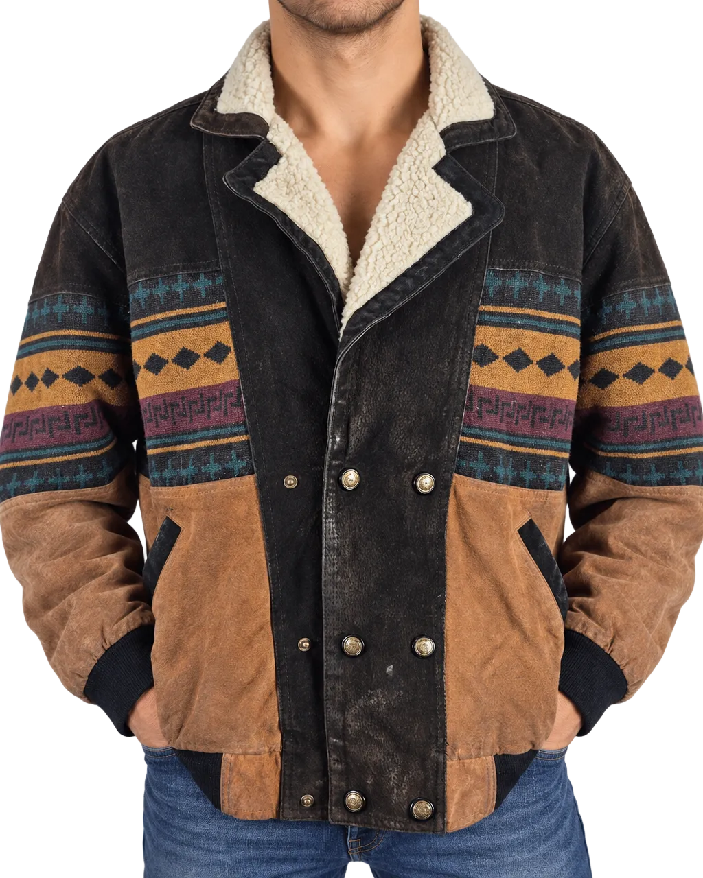 Tuskani Genuine Leather Sherpa Lined Southwestern Bomber Jacket Vintage