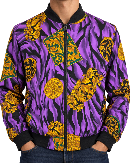 Teddi Purple Baroque Zebra Print Bomber Jacket Vintage Style