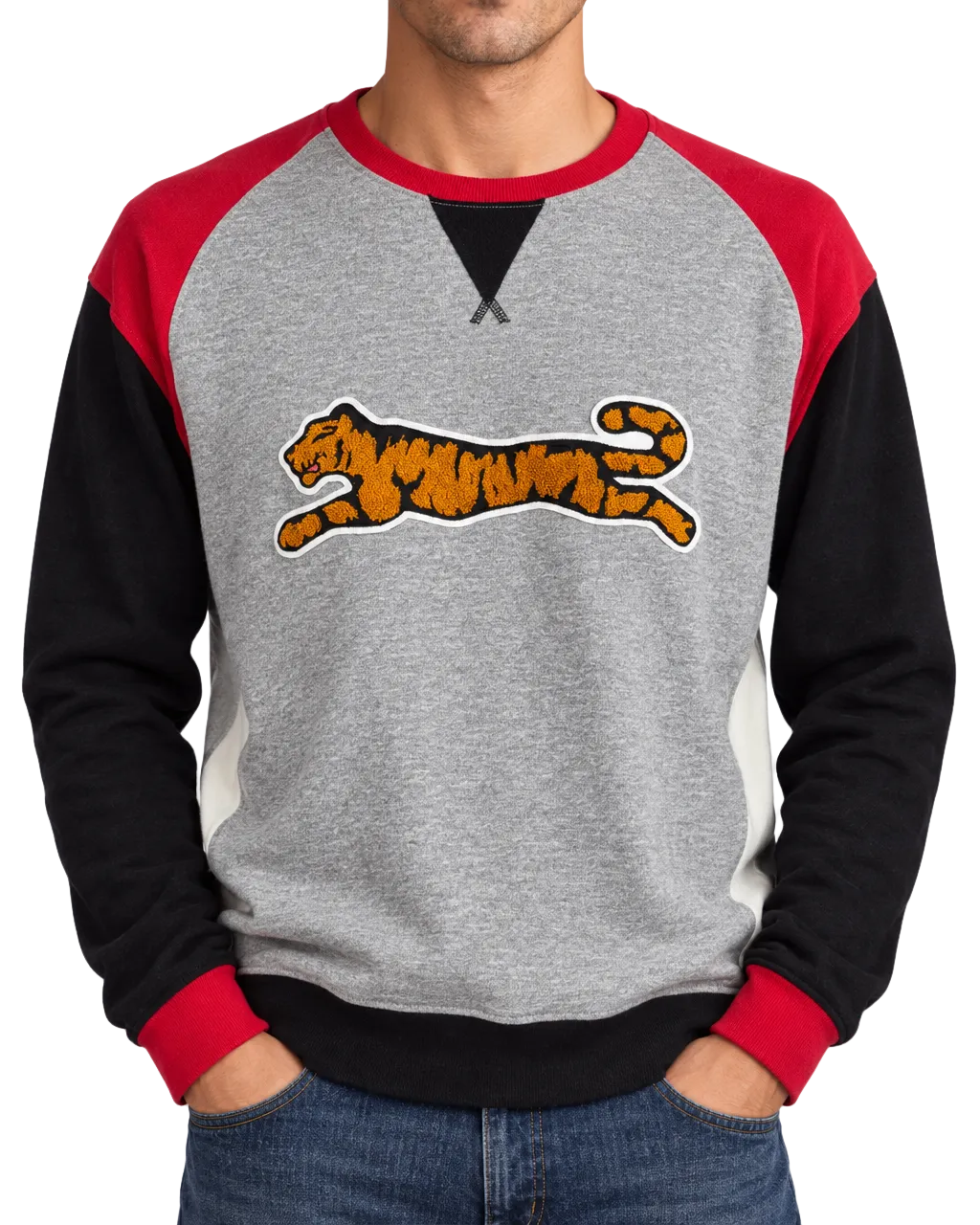 Le Tigre Tiger Patch Colorblock Sweatshirt — Gray, Red & Black | XL