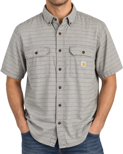 Carhartt Men’s XL Loose Fit Gray Striped Short Sleeve Button Down Work Shirt