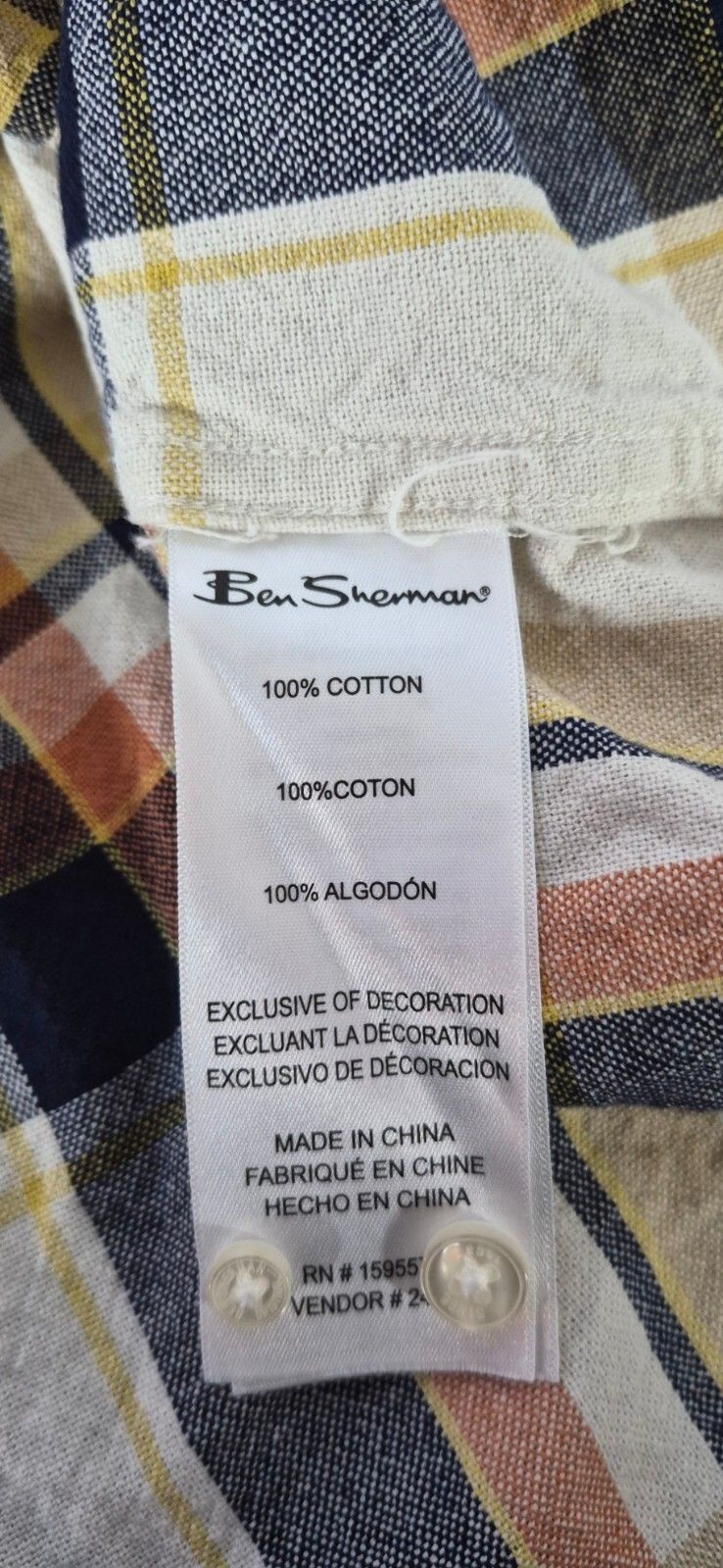 Ben Sherman Textured Cotton Plaid Shirt — Cream & Navy | XL