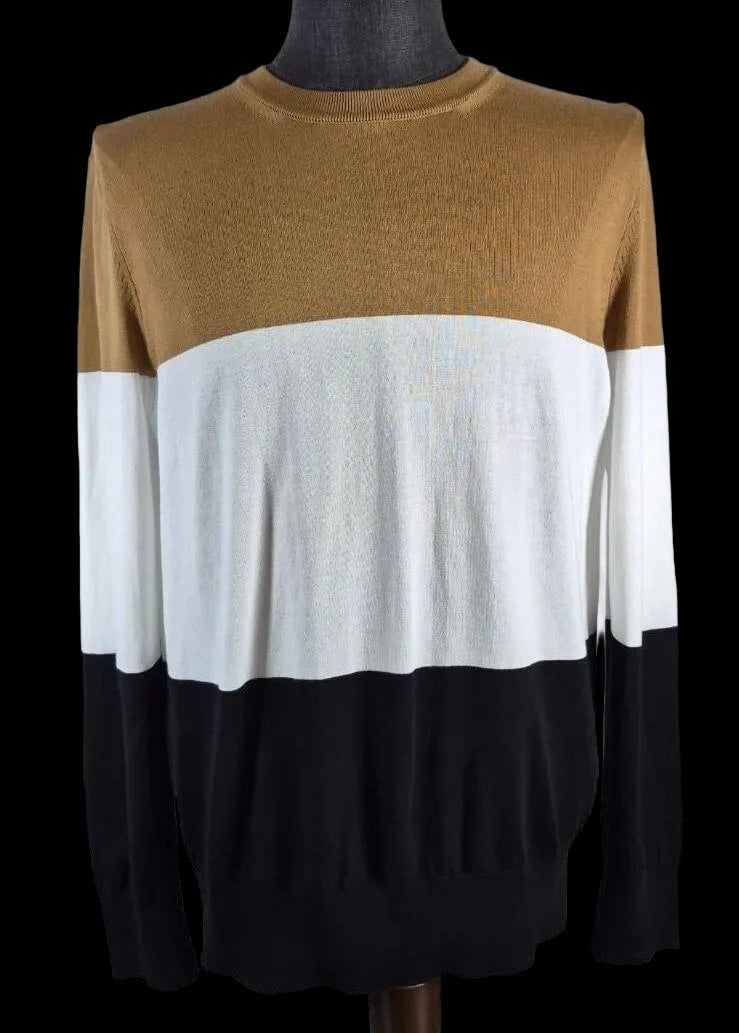 BOSS by Hugo Boss Colorblock Sweater — Camel, Cream & Black | Large