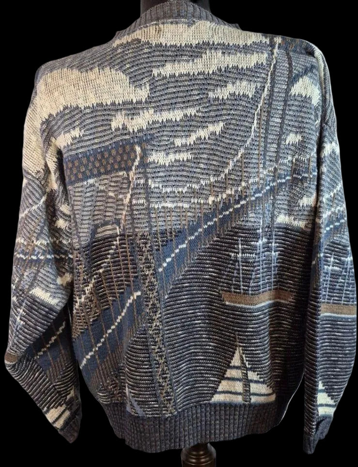 Vintage Crossings Geometric Knit Sweater — Blue & Cream | Large USA