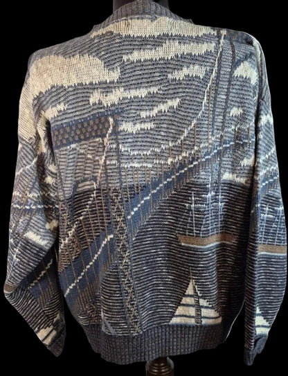Vintage Crossings Geometric Knit Sweater — Blue & Cream | Large USA