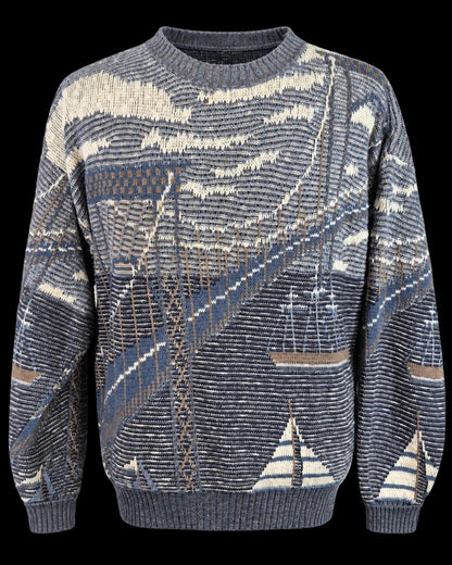 Vintage Crossings Geometric Knit Sweater — Blue & Cream | Large USA