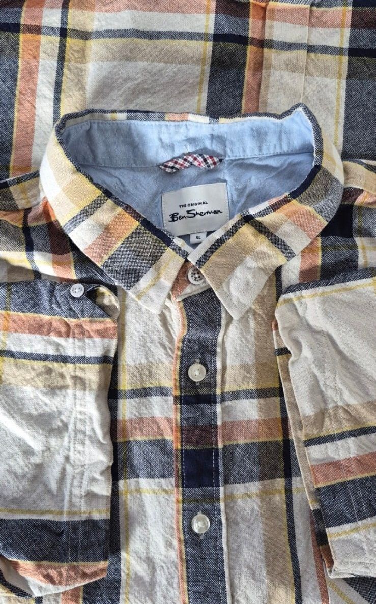 Ben Sherman Textured Cotton Plaid Shirt — Cream & Navy | XL