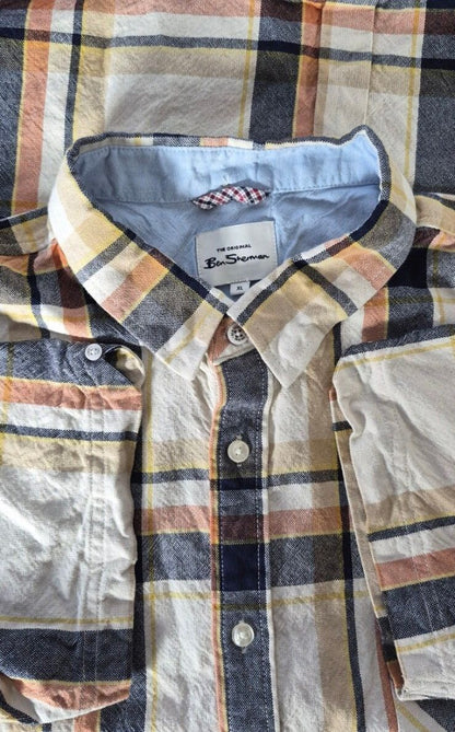 Ben Sherman Textured Cotton Plaid Shirt — Cream & Navy | XL