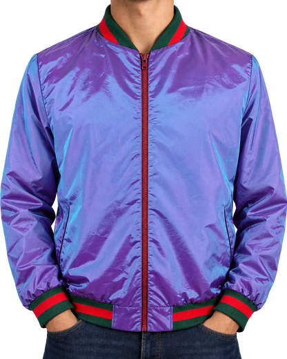 Vintage Style Iridescent Purple Blue Bomber Jacket Longline Y2K Streetwear