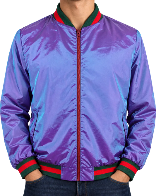 Vintage Style Iridescent Purple Blue Bomber Jacket Longline Y2K Streetwear